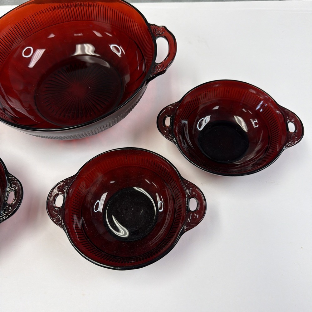 Anchor hocking 5 RUBY RED DEPRESSION GLASS Berry BOWLS W/HANDLES 1 Salad Bowl - Picture 3 of 12